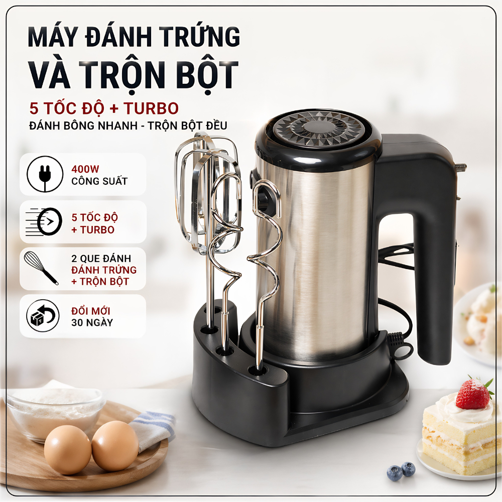 Máy Đánh Trứng Và Trộn Bột Cầm Tay Unitech 400W Thiết Kế Vỏ Inox Không Gỉ Với Công Suất Mạnh (Có BH)