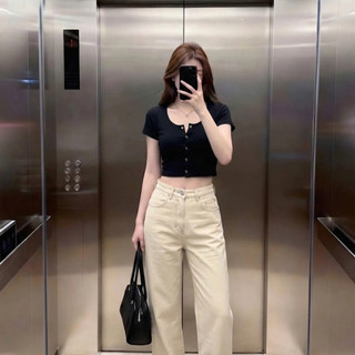 Áo Croptop Cổ Chữ U Chất Len Tăm Nữ Ôm Dáng Tay Ngắn Nút Bấm Thời Trang Cá Tính CR04 CinZy SG