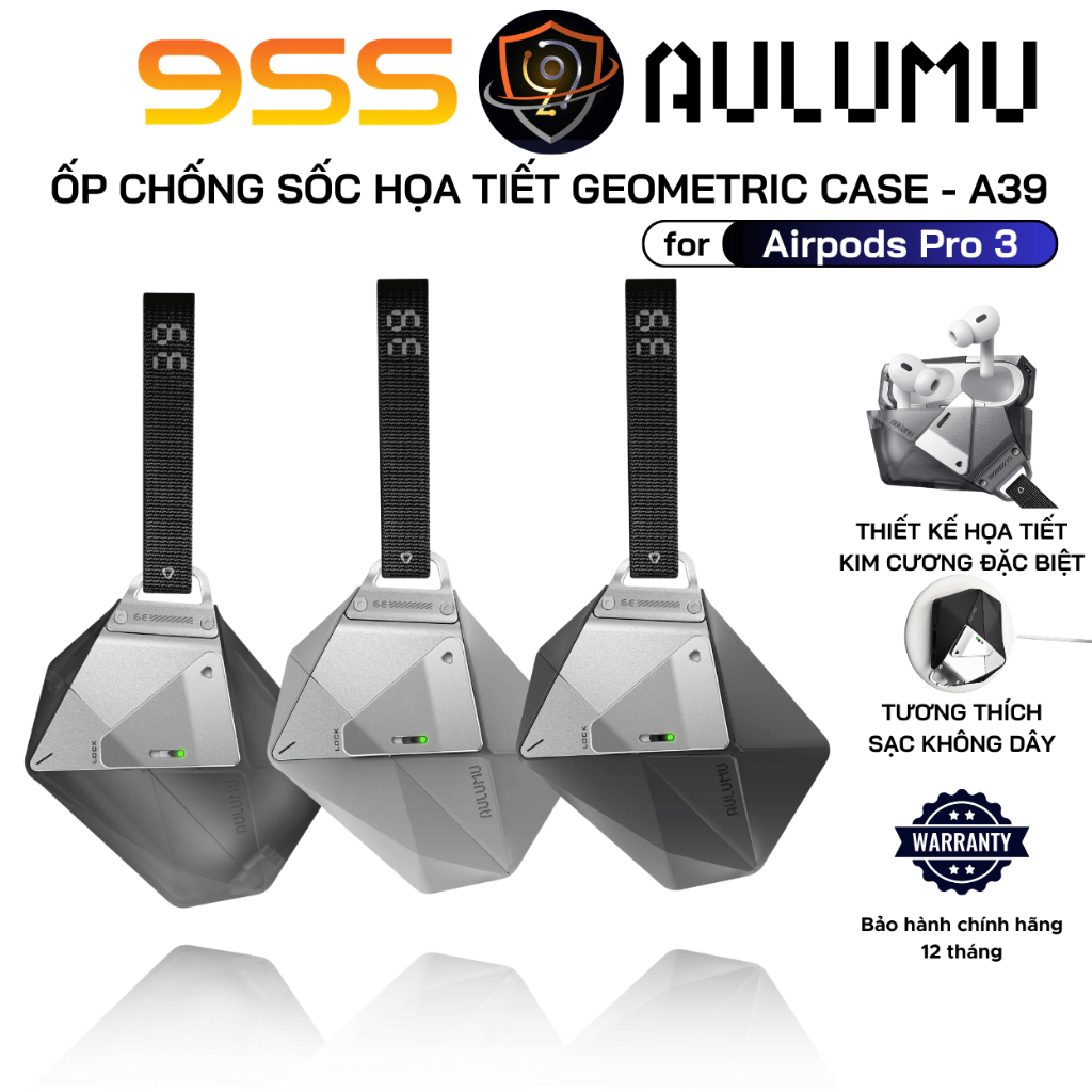 Ốp Chống Sốc Aulumu cho Airpods Pro 3, A39 Geometric Case - Khóa Kim Loại, Chống Sốc, Kèm Dây Đeo