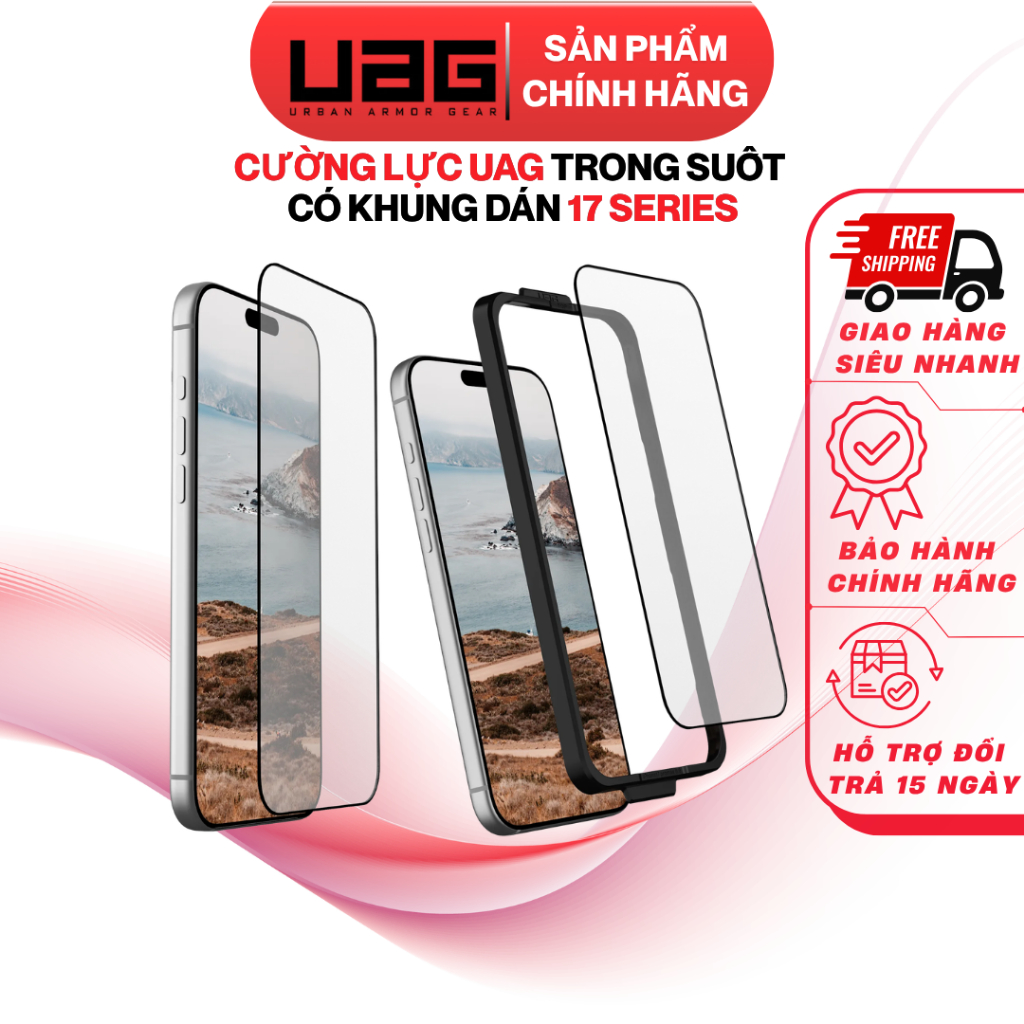 [ Có iP 17] Cường Lực UAG Trong Suốt 2.5D Có Khung Dán Chính Hãng cho iP 17 Pro/ 17 Pro Max