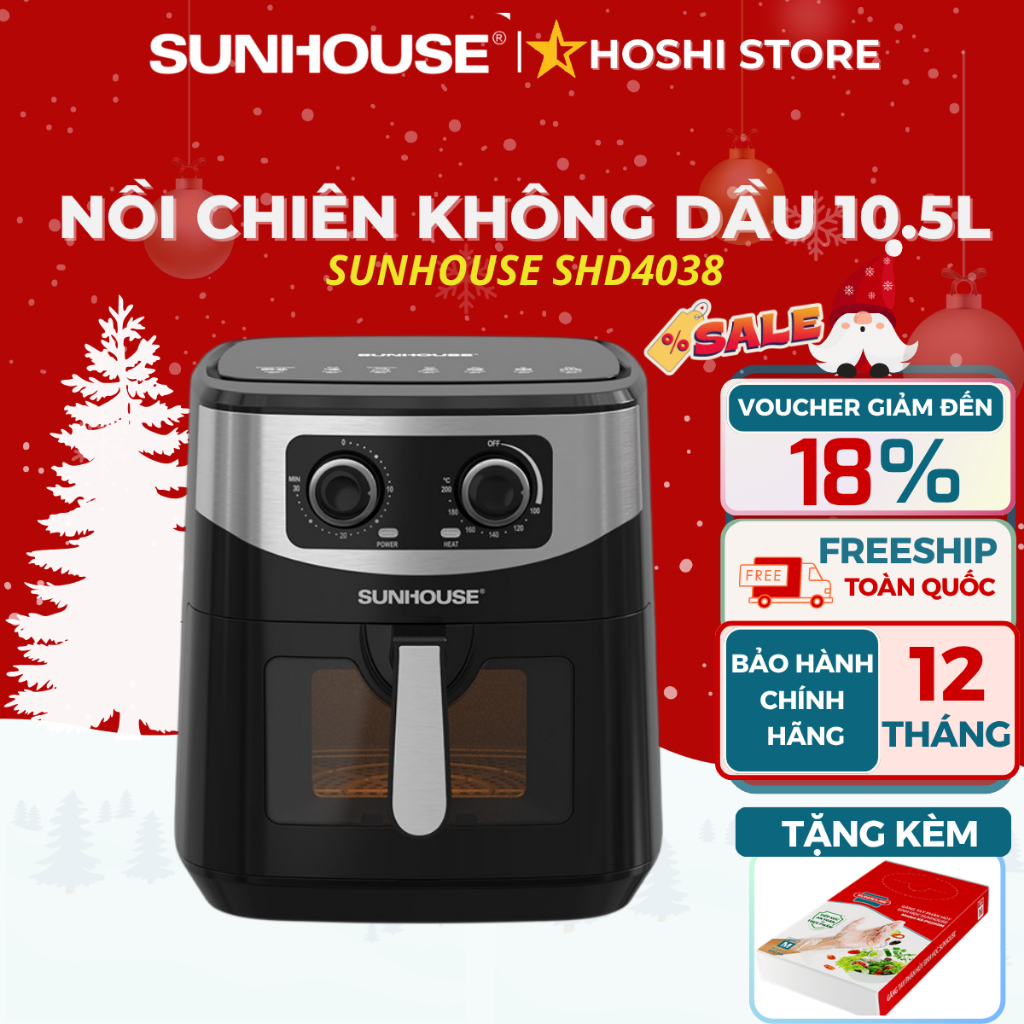 Nồi chiên không dầu 10.5L SUNHOUSE SHD4038, cửa trong suốt dễ quan sát thực phẩm