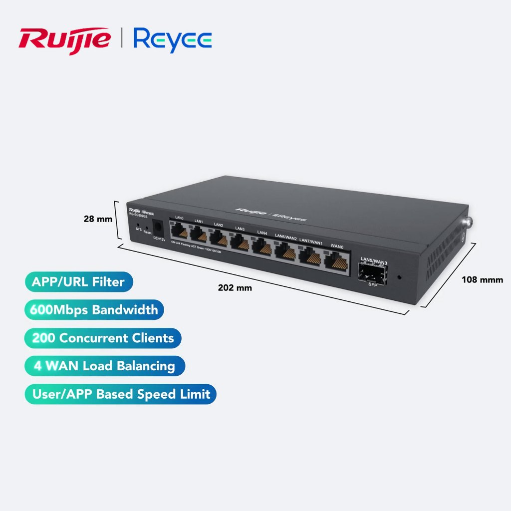 CÂN BẰNG TẢI RUIJIE RG-EG209GS -  RAM 256M, Flash 32MB, Hỗ trợ 200 user, Băng thông 600M, Cân bằng đ