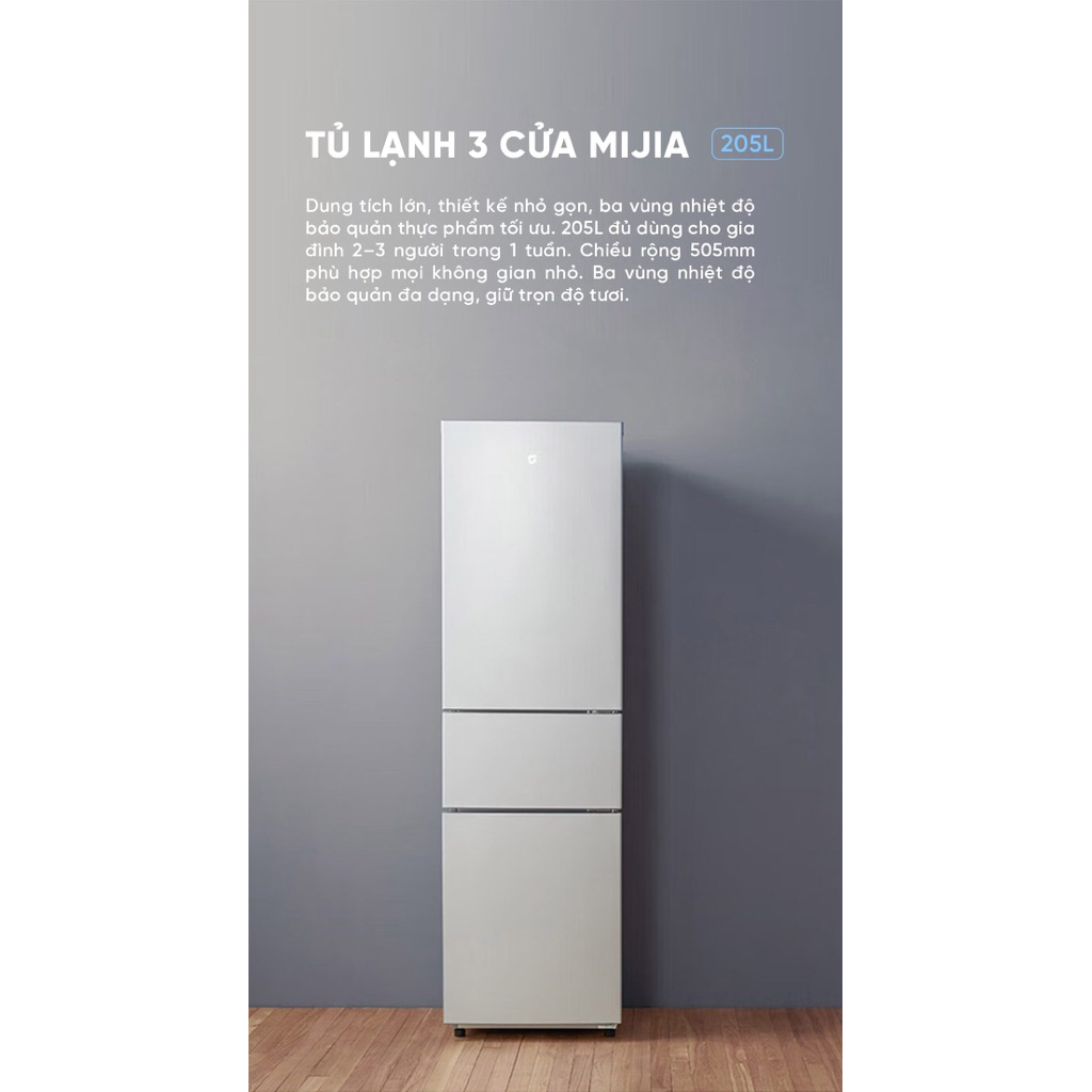 Tủ lạnh Xiaomi Mijia 3 cửa 205 lit màu xám kết nối app Mihome