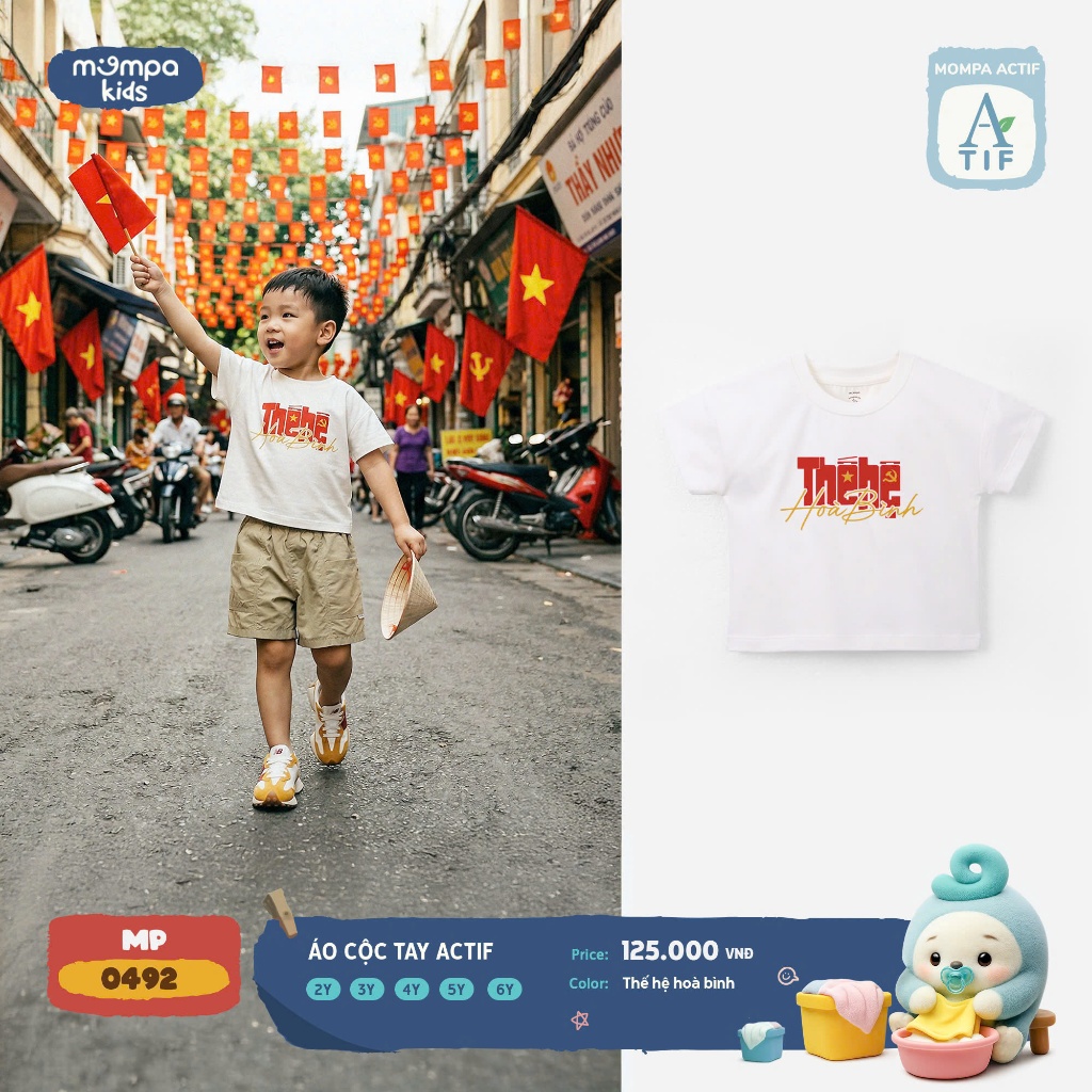 Áo cộc tay bé trai, bé gái BST "Em Bé Việt Nam" Mompa vải Cotton Actif 1-5 tuổi 0492