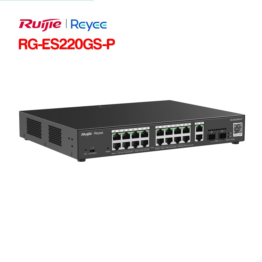 SWITCH POE 20 CỔNG RUIJIE RG-ES220GS-P - Tốc độ chuyển mạch 40Gbps, MAC 16K, Chống sét 4KV, Hỗ trợ I