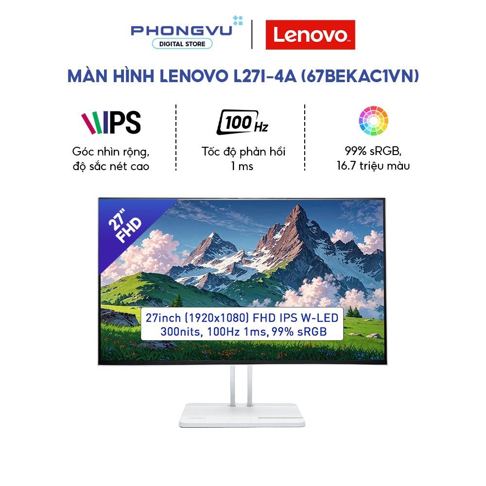 Màn hình Lenovo L27i-4A 27 inch (Trắng) - FHD 1920 x 1080 - IPS - 100Hz - 1ms - Bảo hành 36 tháng