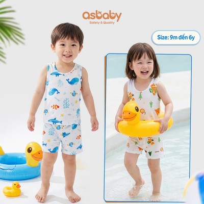 Bộ ba lỗ hoạ tiết Asbaby, chất vải poly lạnh, mềm, mát, cho bé trai, bé gái size từ 9 tháng - 6 tuổi