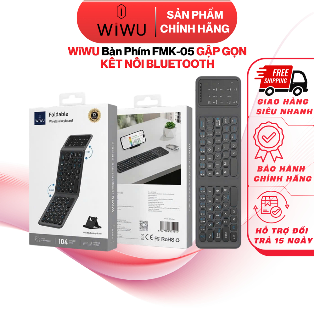 Bàn Phím WiWU FMK-05 Gập Gọn Kết Nối Bluetooth cho Laptop| Máy Tính Bảng| Điện Thoại