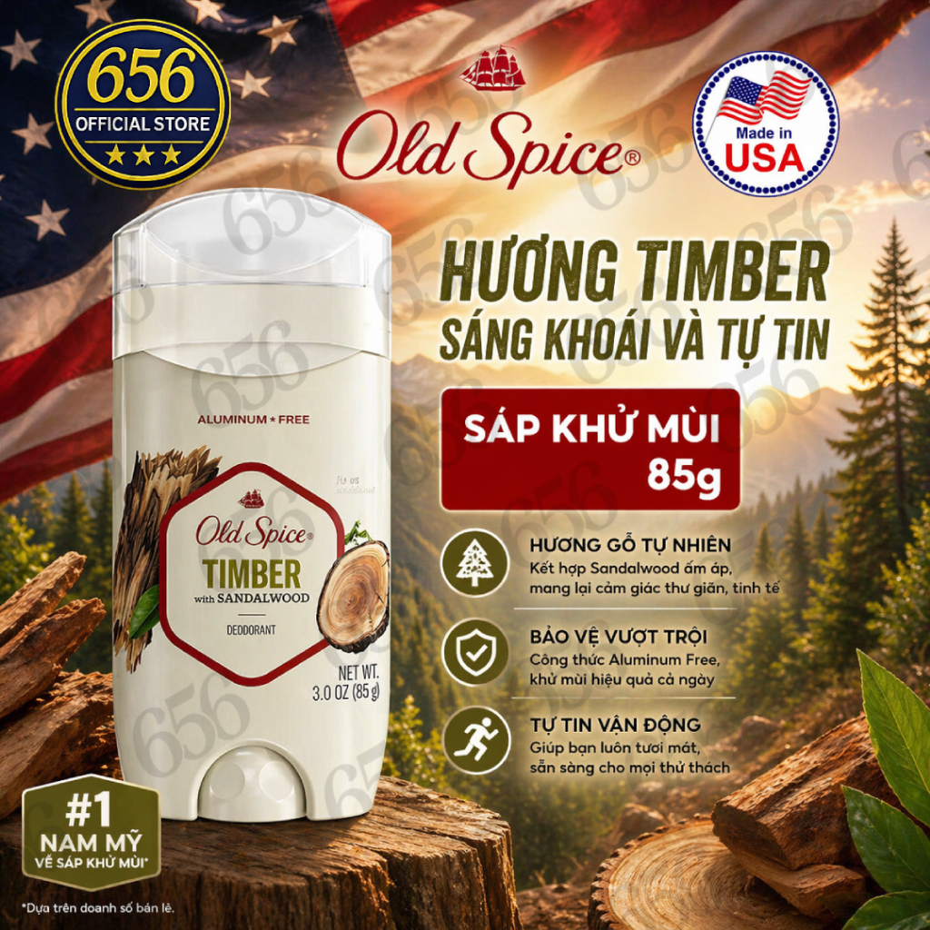 Sáp khử mùi Old Spice Timber 85g nhập khẩu từ Mỹ, khử mùi bền bỉ suốt 48 giờ