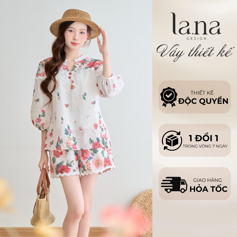 Set áo quần XUÂN THẢO thiết kế LANA DESIGN chất thô đục lỗ in hoa, đồ nữ đi biển, dạo phố - SQ223