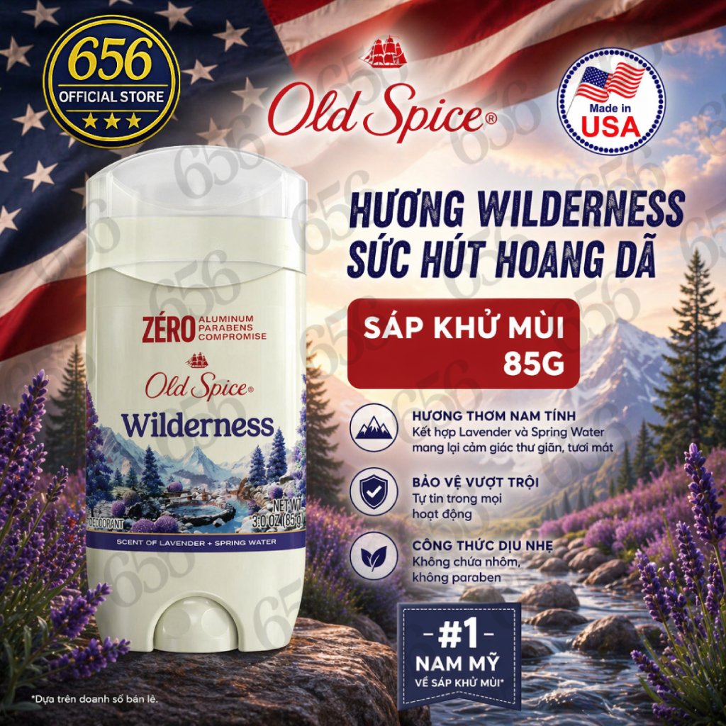 Sáp khử mùi Old Spice Wilderness with Lavender 85g nhập khẩu từ Mỹ, khử mùi bền bỉ suốt 48 giờ