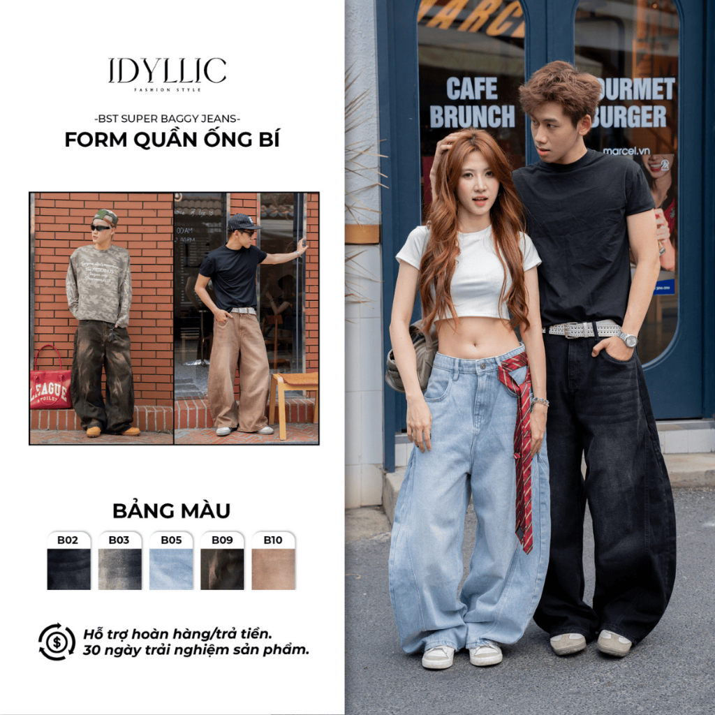 Quần Jean Ống Bí Cho Nữ Dễ Phối Cá Tính Chất Liệu Denim Đứng Form Wash Vintage Quần Rộng IDYLLIC | BigBuy360 - bigbuy360.vn