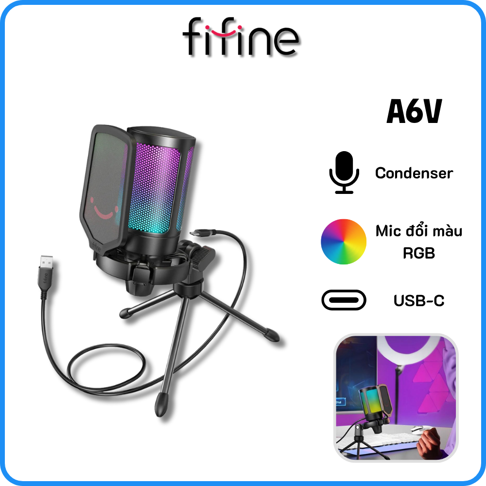 FIFINE A6V - Mic Thu Âm Condenser, Đổi Màu RGB, Cổng USB - Bảo Hành 12  Tháng