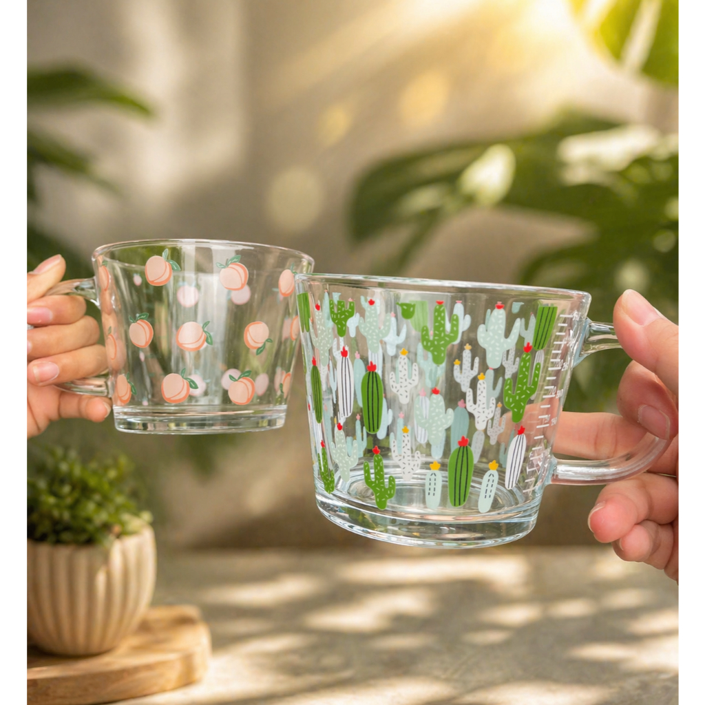 Ly thủy tinh họa tiết chia vạch 500ml có quai, cốc thủy tinh ăn sữa chua, ly thủy tinh cute