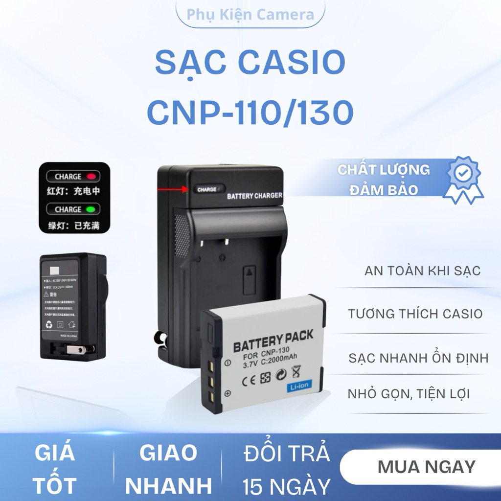 Combo Bộ Sạc + Pin Casio CNP-130 Cho Máy Ảnh Casio Exilim EX-ZR100 ZR200 ZR700 ZR1000 ZR1500 ZR3500 