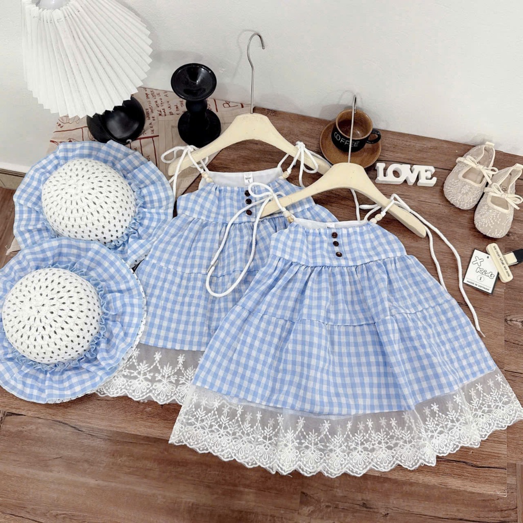 <TẶNG MŨ> Váy đi biển, váy cho bé gái, váy đũi nhăn xanh kết ren maxi đi biển đi chơi thoáng mátcho 