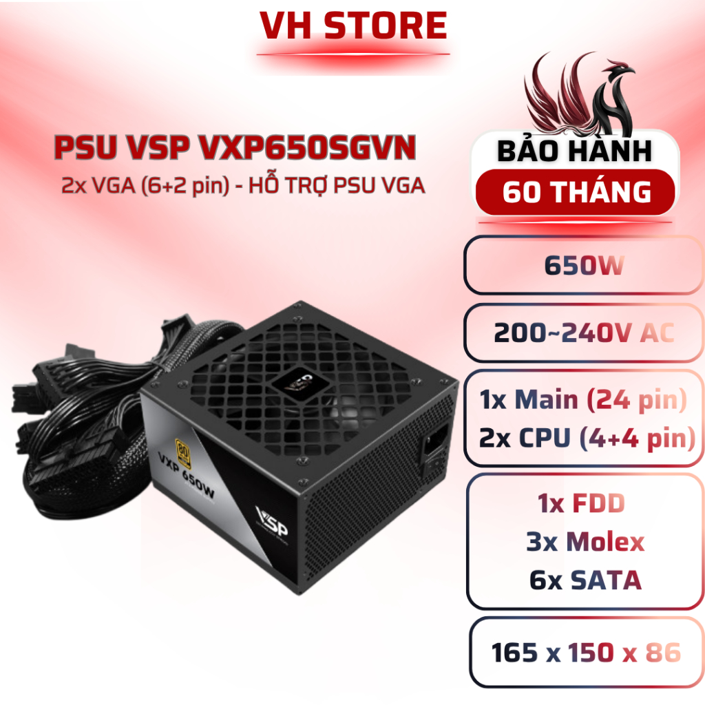 Nguồn VSP 650W 80 Plus Gold Straight Line VXP650 - BẢO HÀNH 60 THÁNG - VHSTORE