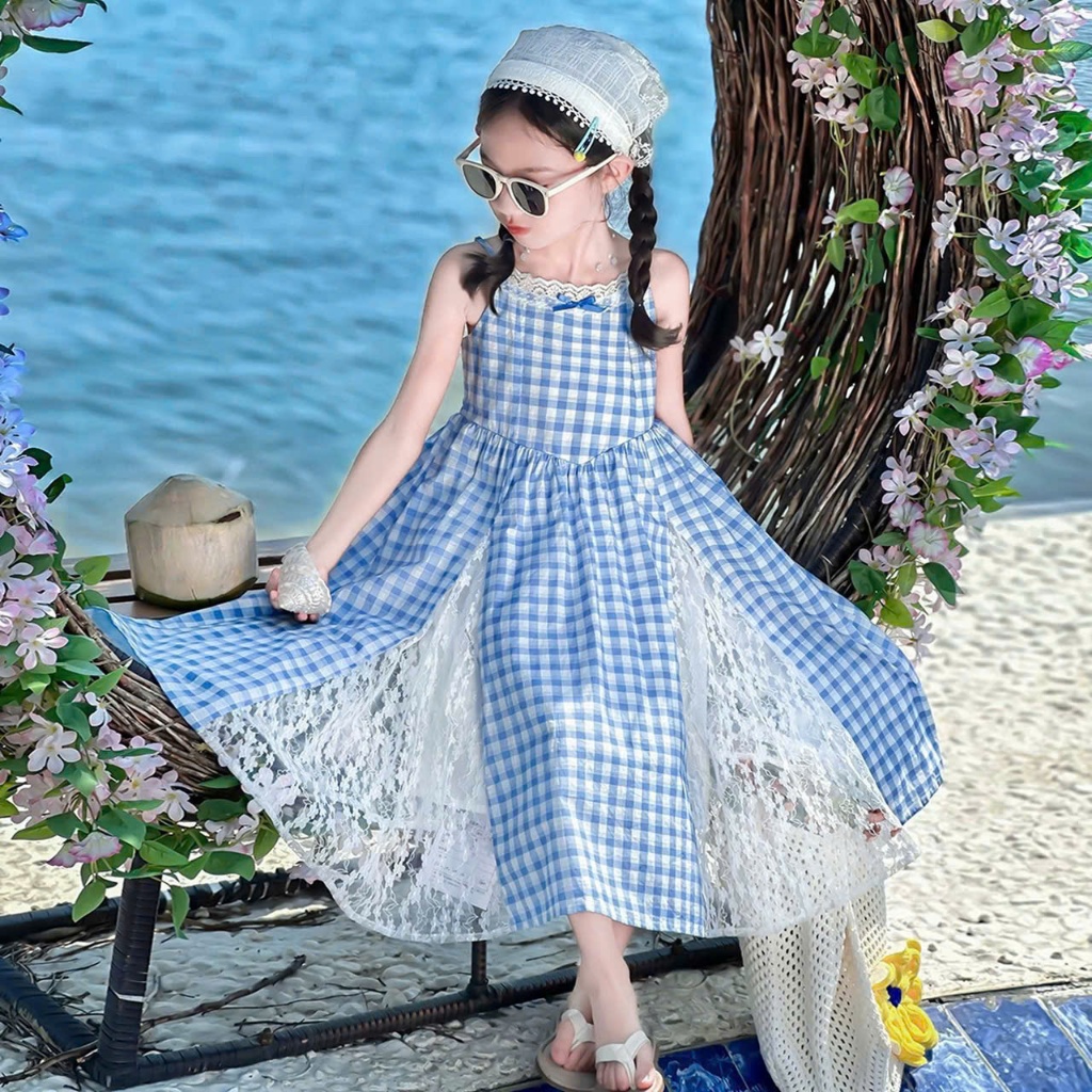 <TẶNG KHĂN> Váy đi biển, đầm trẻ em, váy cho bé gái, váy đũi xanh ren 4 tà maxi đi biển đi chơi 9-30