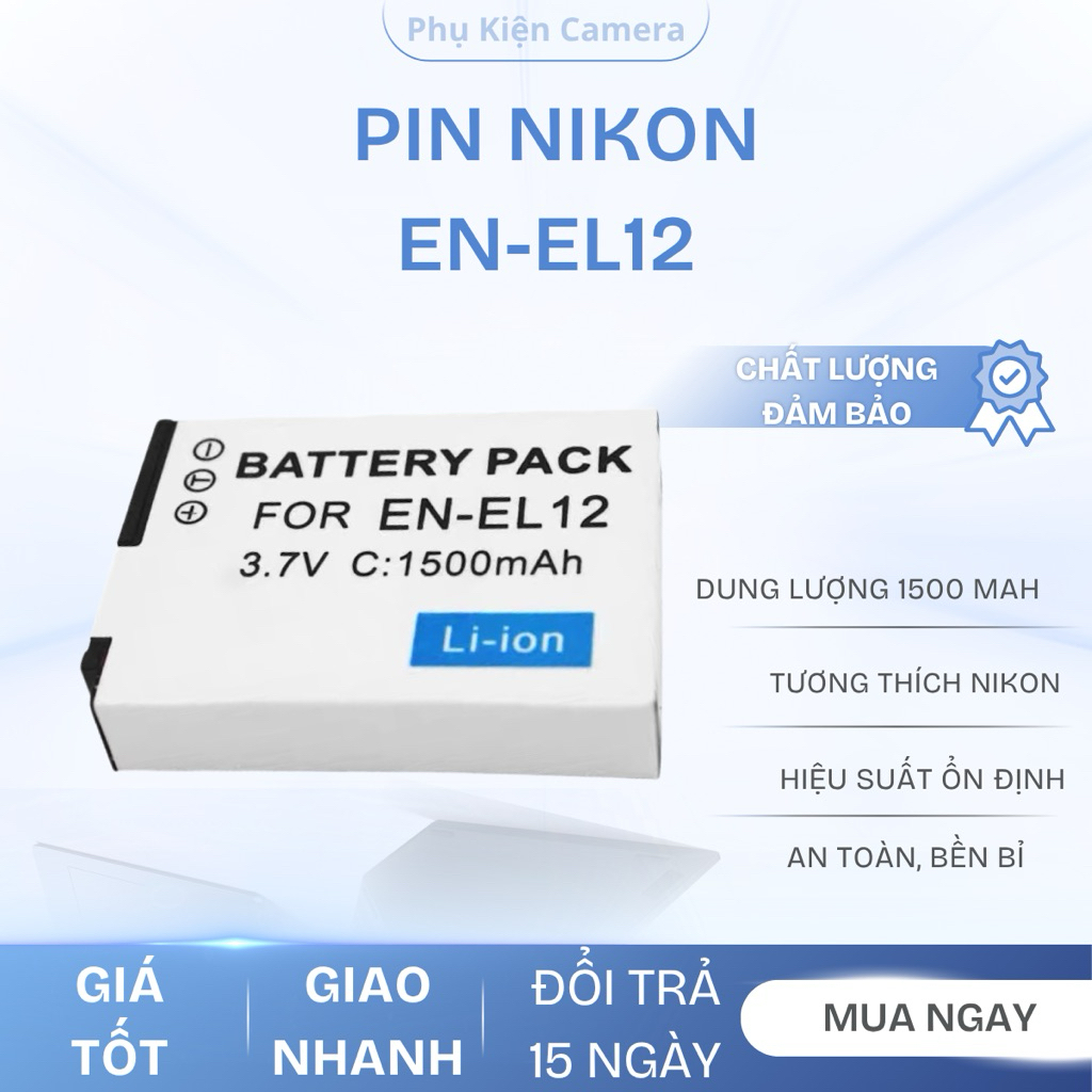 Pin Nikon EN-EL12 Dung Lượng 1500mAh - Cho Nikon Coolpix S610, S800c, S9100, S9300, S9500, AW100, AW