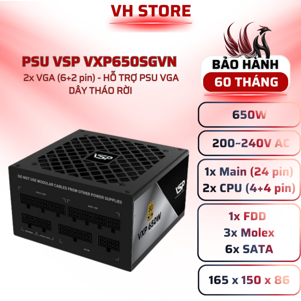 Nguồn VSP 650W 80 Plus Gold Full Modular VXP650 - BẢO HÀNH 60 THÁNG - VHSTORE
