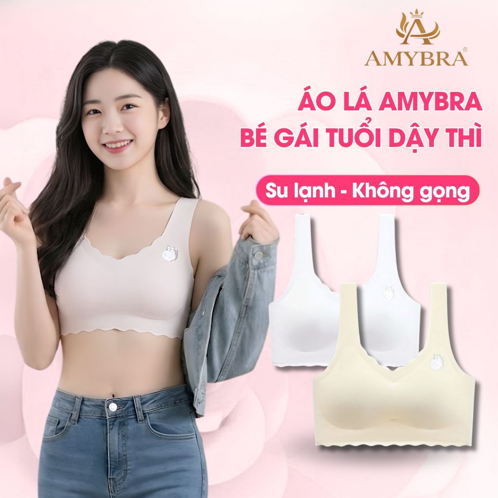 Combo 2 Áo lót cho bé gái su lạnh, Áo lá học sinh cấp 2 cấp 3 không viền mút mỏng AMYBRA A741