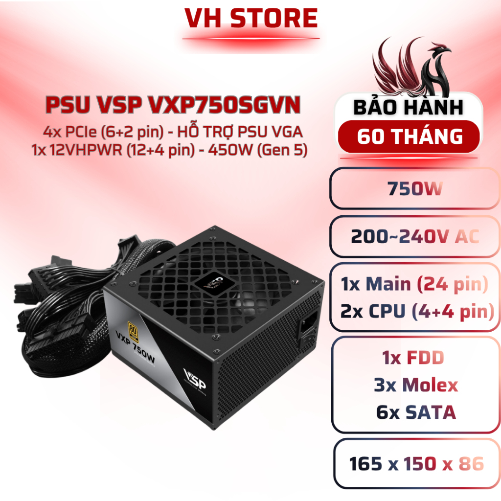 Nguồn VSP 750W 80 Plus Gold Straight Line VXP750 - BẢO HÀNH 60 THÁNG -VHSTORE