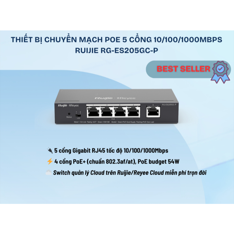 SWITCH POE 5 CỔNG RUIJIE RG-ES205GC-P - Tốc độ chuyển mạch 10Gbps, MAC 2K, Tích hợp Web management, 