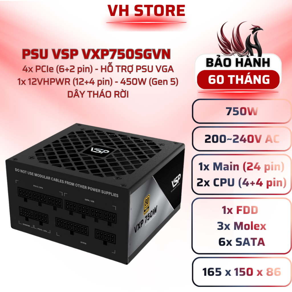 Nguồn VSP 750W 80 Plus Gold Full Modular VXP750 - BẢO HÀNH 60 THÁNG - VHSTORE