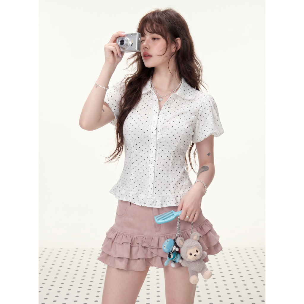 Áo sơ mi chấm bi, tay bí phồng, cổ lá sen, thiết kế THELSTUDIOS | BigBuy360 - bigbuy360.vn