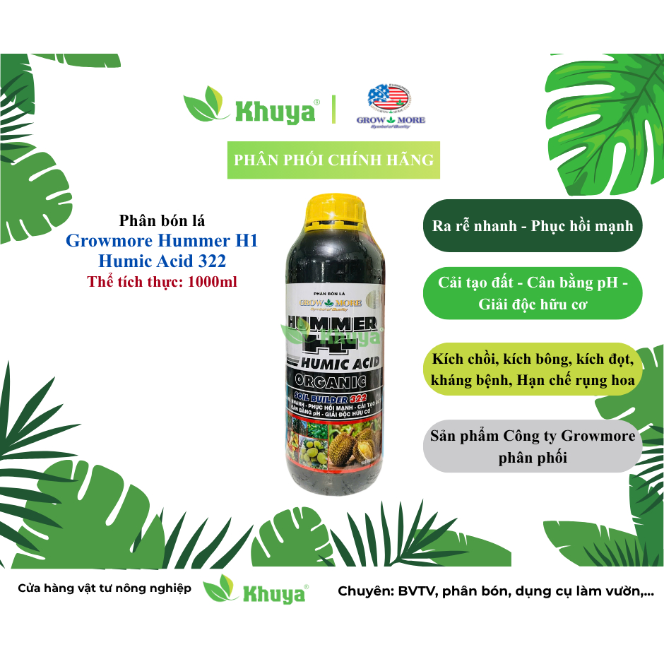 Phân bón lá Growmore Humer H1 Humic Acid 322 loại 1 lít