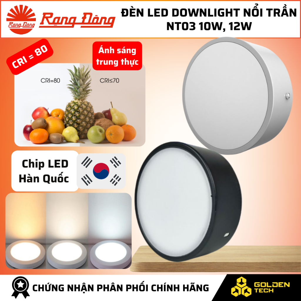 (Rạng Đông) Đèn LED Downlight ốp nổi vỏ trắng-đen NT03 10W-12W Ánh sáng trắng 6500K, Đổi 3 màu