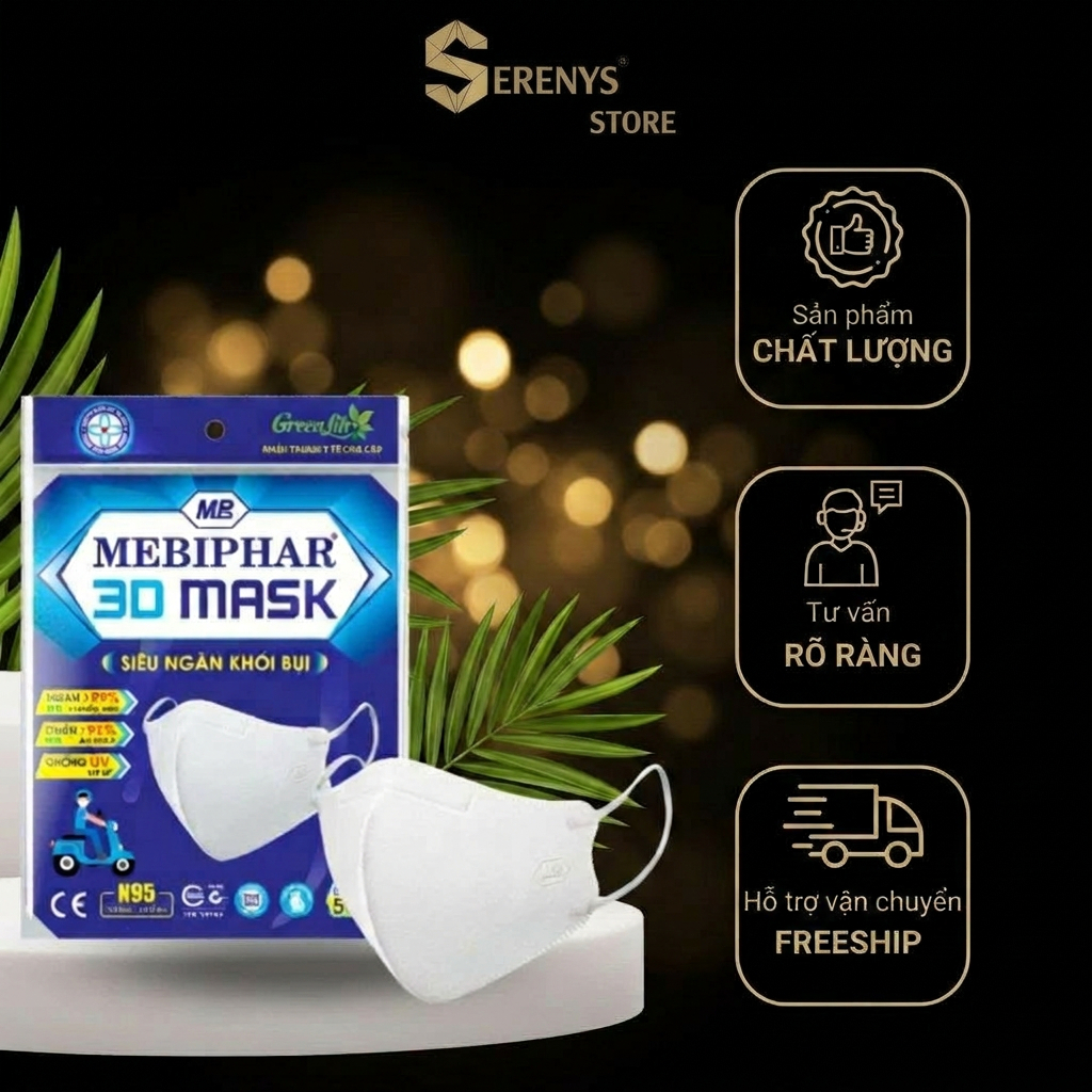 Combo 5 Túi Khẩu Trang Mebiphar 3D Size Người Lớn Ôm Mặt Thoáng Khí, Hỗ Trợ Giảm Bụi