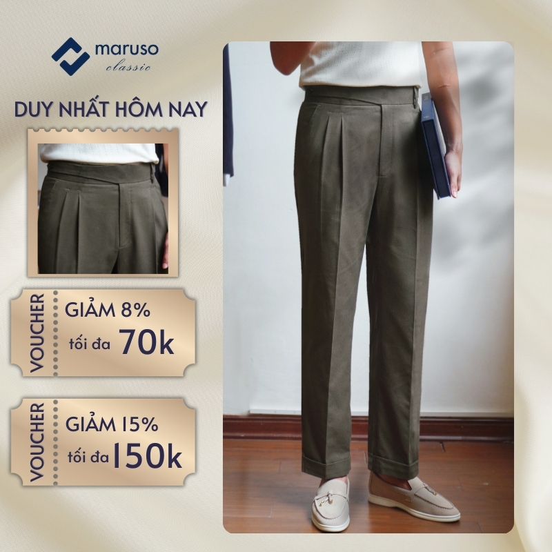 Quần âu nam cao cấp MARUSO CLASSIC, quần gurkha vải linen mỏng nhẹ, thoáng mát, màu rêu