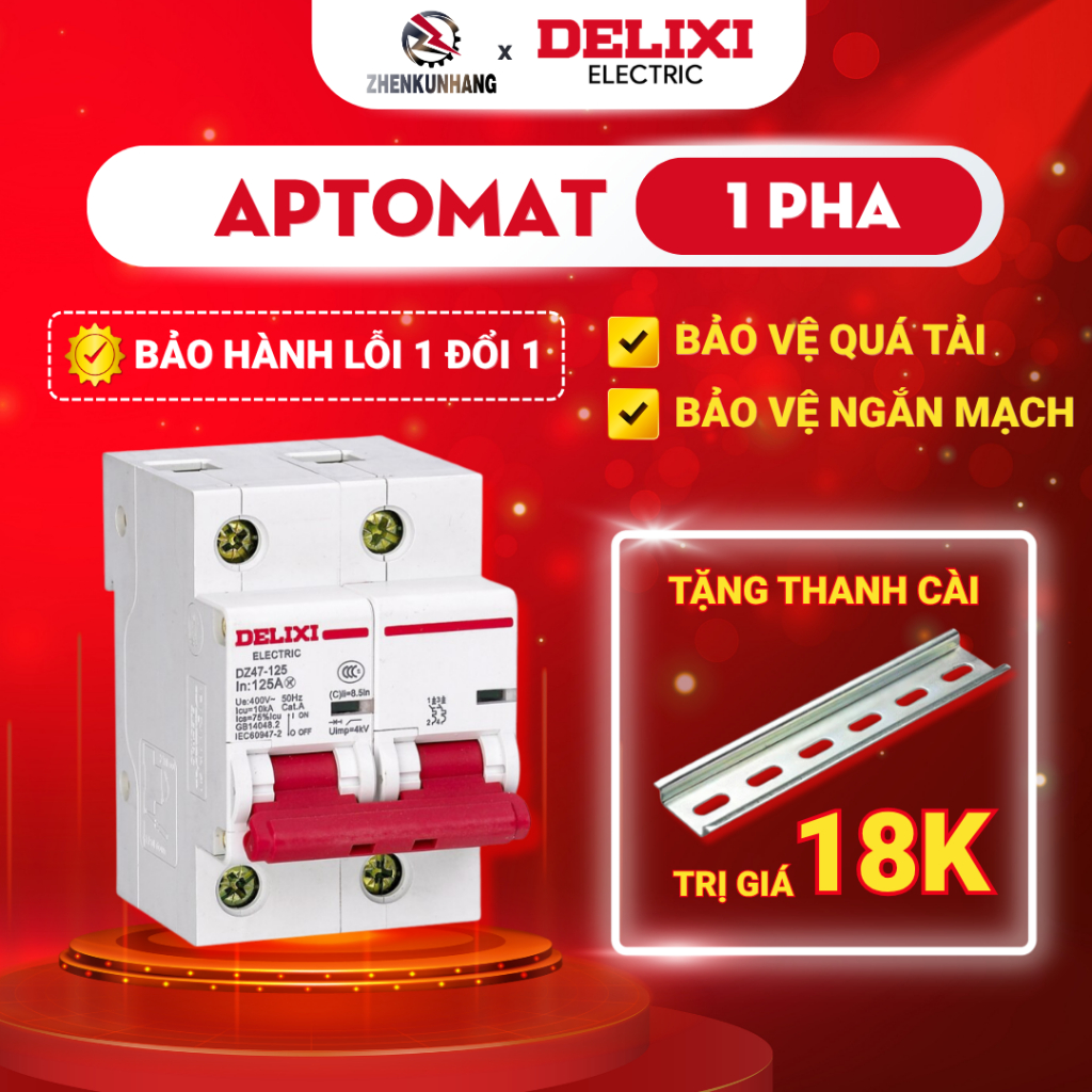 CB đóng ngắt, Aptomat 1 pha 2P 80A/100A/125A DELIXI 400V mã DZ47 - 125 2P li(D) Thương Hiệu DELIXI