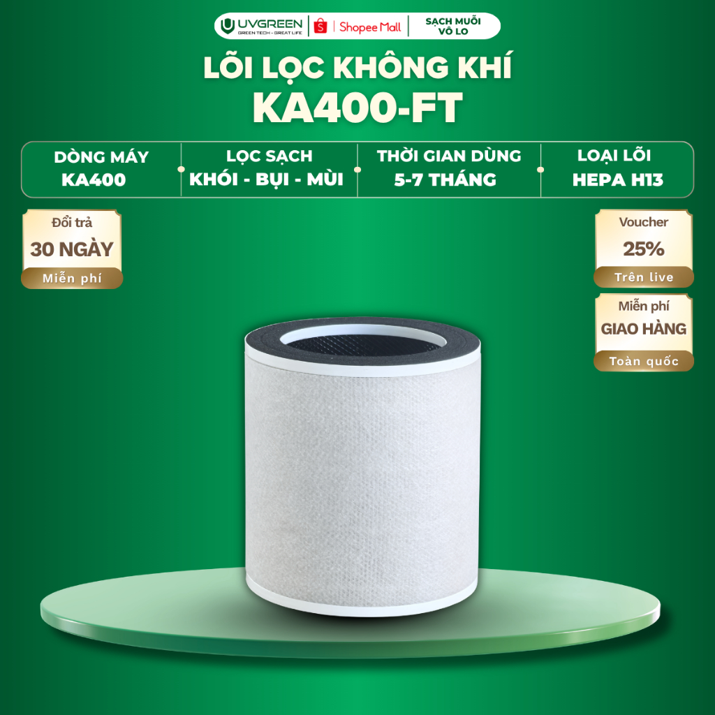 Màng Lọc Cho Máy Lọc Không Khí UVGREEN KA400, HEPA H13 3 Lớp, Lọc Bụi Mịn PM2.5, Hút Mùi Hiệu Quả