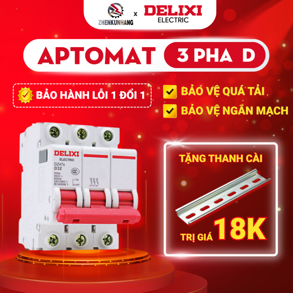 Aptomat, Cầu Dao Tự Động 3 Pha Cho Doanh Nghiệp Delixi Chống Quá Tải, Chống Ngắn Mạch DZ47s D3P