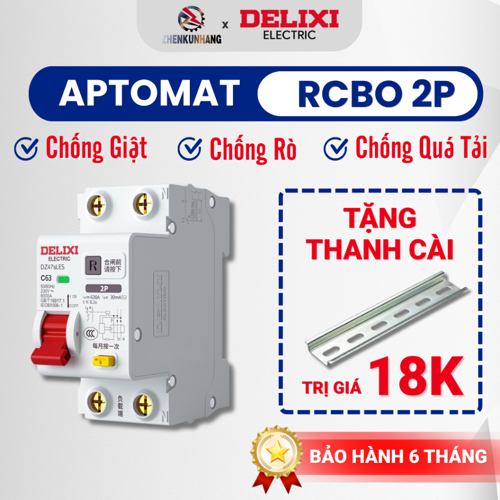 RCBO Aptomat Delixi Chống Giật, Chống Rò, Chống Quá Tải DZ47sLES 2P…
