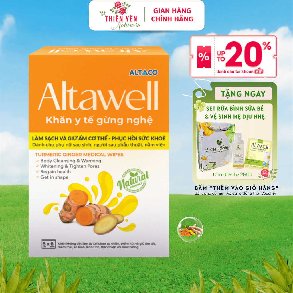 [ Khăn gừng nghệ Altawell ] khăn y tế hỗ trợ làm sạch làm ấm cơ thể dùng được cho mẹ bầu mẹ sau sinh