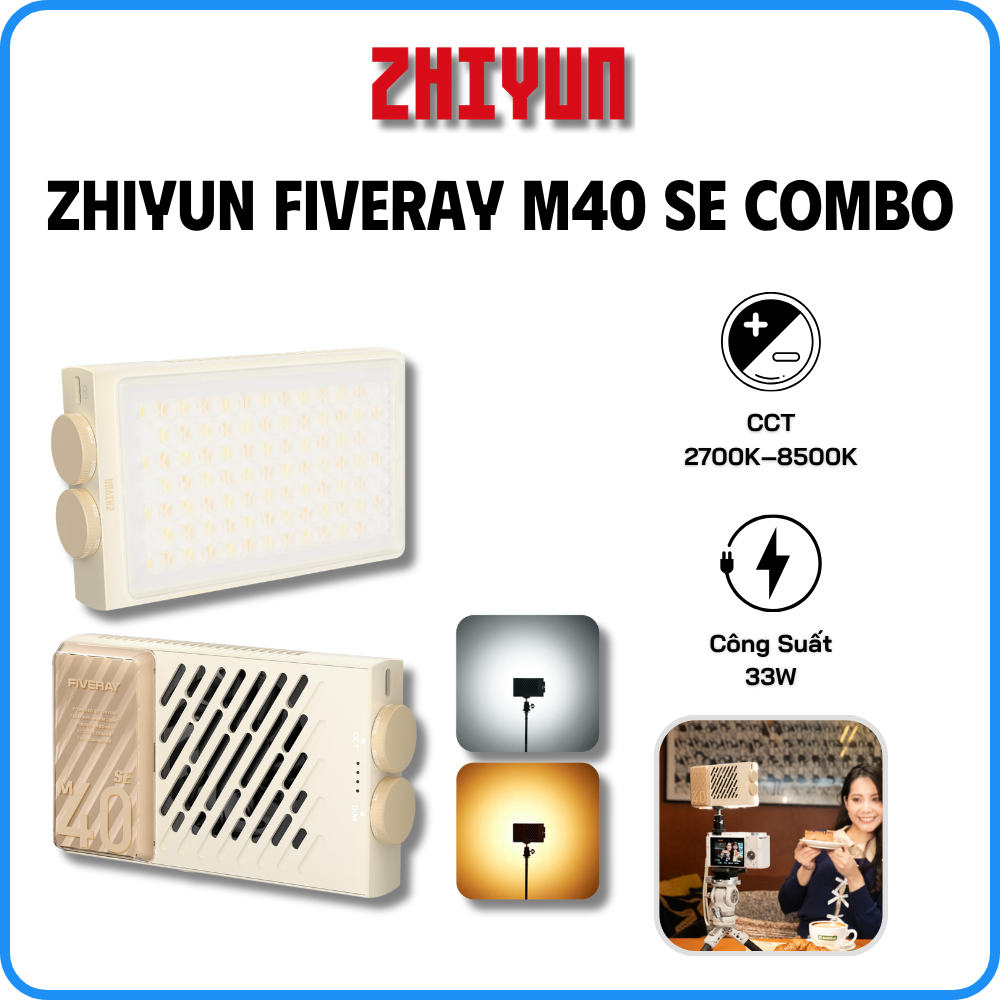 ZHIYUN FIVERAY M40 SE COMBO - Đèn LED Trợ Sáng Chụp Ảnh / Quay Phim, Công Suất 40W - Bảo Hành 12 Thá