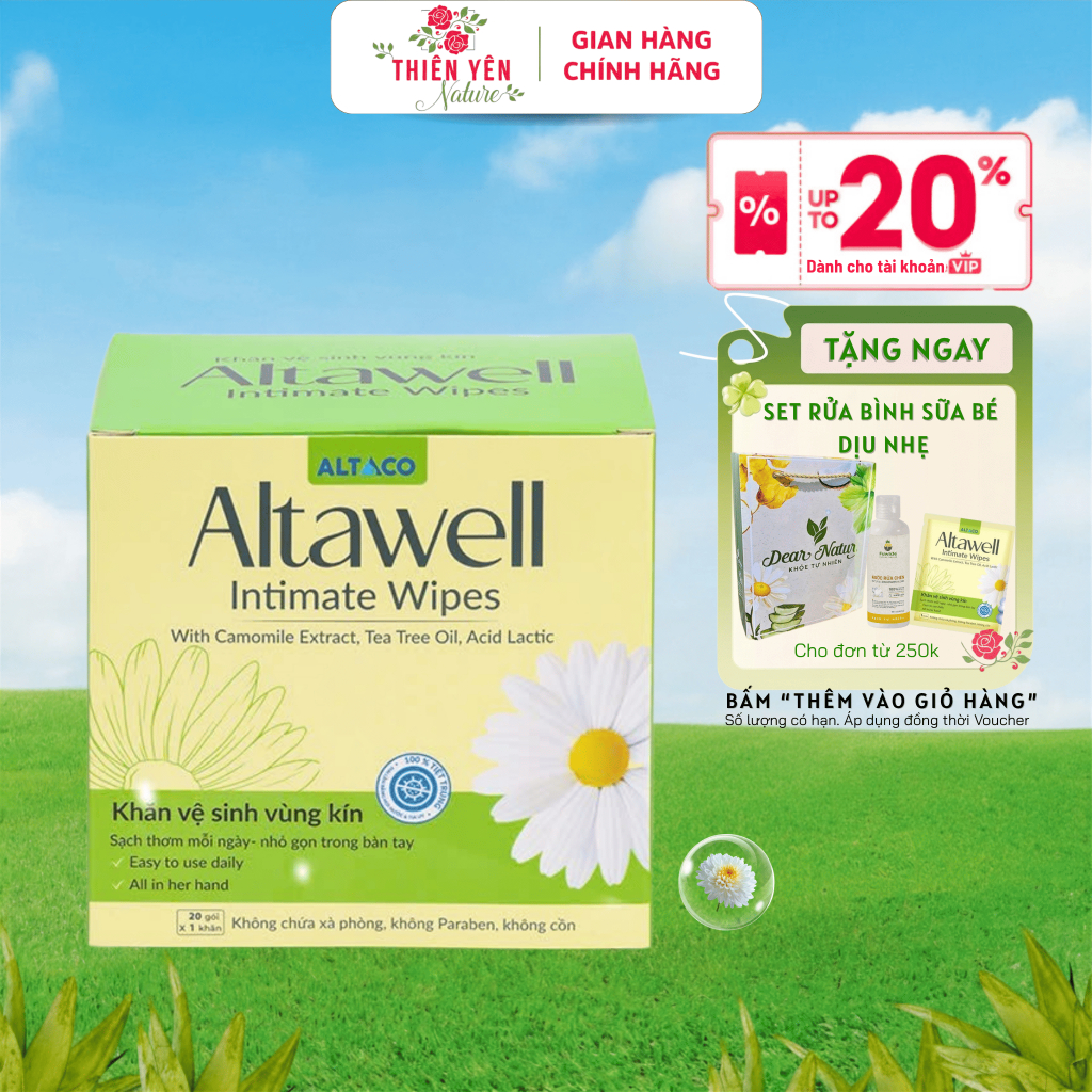 { Altawell Khăn vệ sinh vùng kín Hộp 20 khăn } giúp làm sạch, khử mùi hôi , giảm ngứa rát, nhỏ gọn