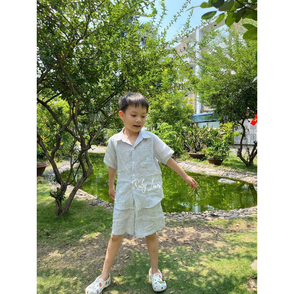 Bộ bé trai Linen tưng, áo sơ mi tay ngắn mix short (15-40kg). JUNE LINEN S06