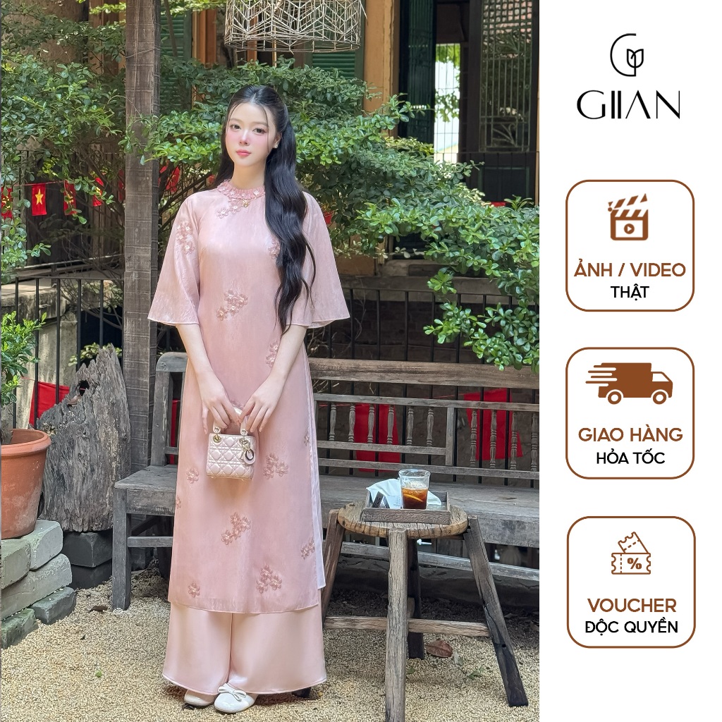 Áo dài nữ cách tân 4 tà Giian thiết kế cổ tròn đính hoa phối tay lỡ, họa tiết thêu cao cấp vải tơ mề
