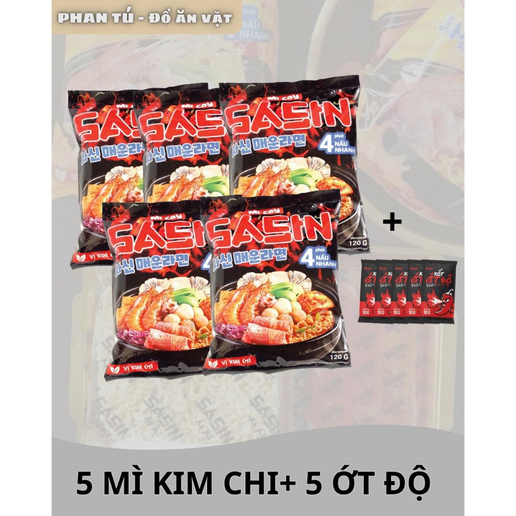 Combo 5 gói MÌ CAY SASIN VỊ KIM CHI (5 gói mì + 5 gói ớt độ)