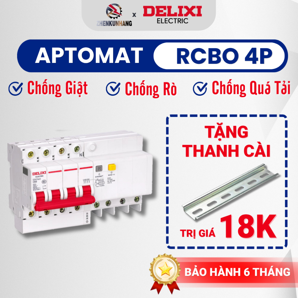 Aptomat, Cầu Dao Tự Động 3 Pha Delixi Chống Quá Tải, Chống Ngắn Mạch DZ47sLE 4P C 63A