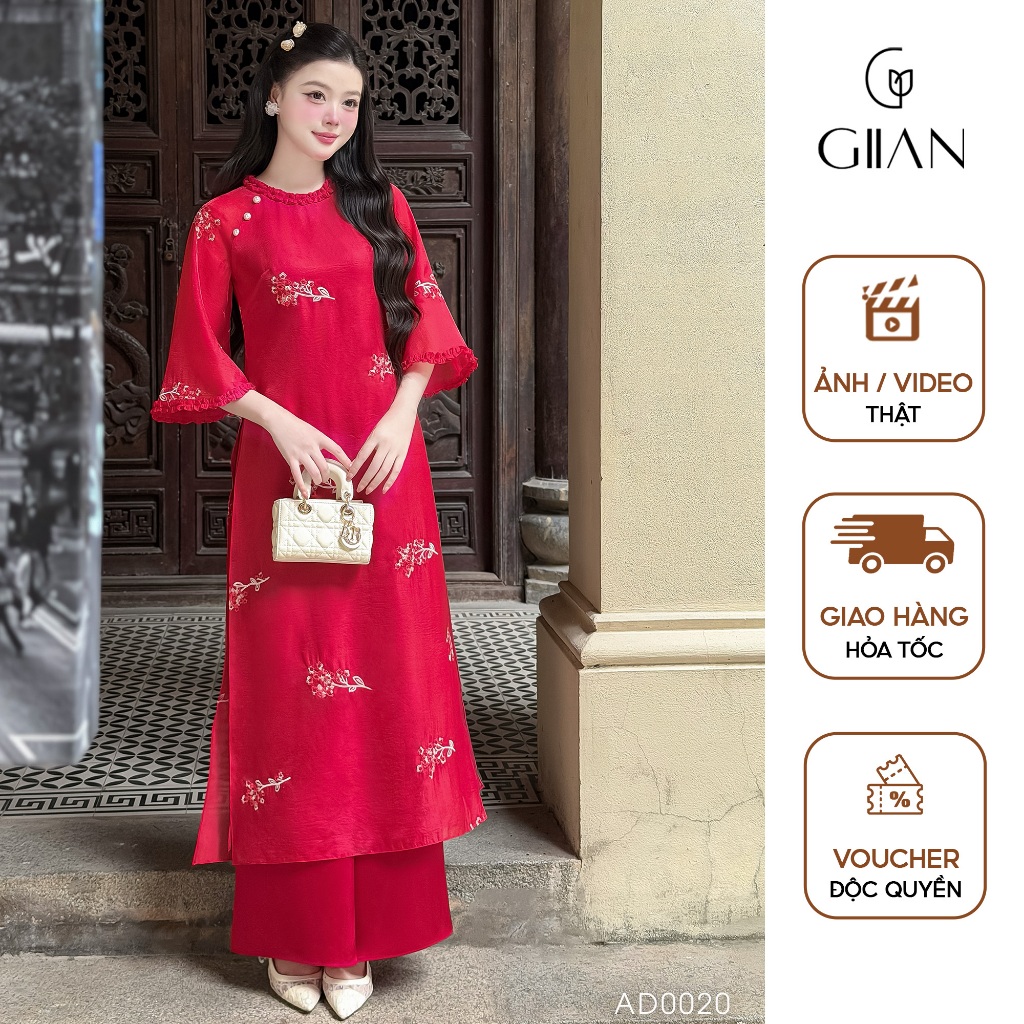 Áo dài tết cách tân đỏ Giian dáng suông 4 tà thiết kế cổ tròn cách điệu phối tay loe họa tiết hoa th