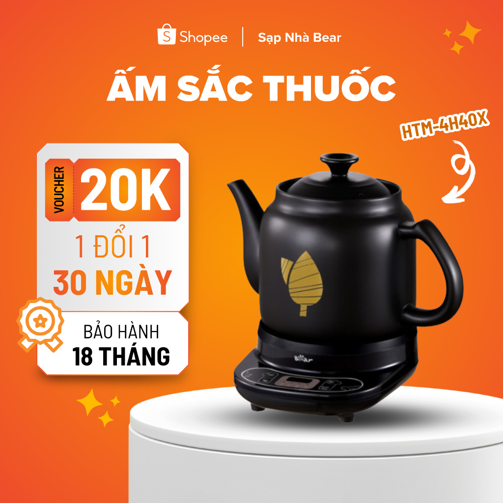 Ấm Sắc Thuốc Bear 4L HTM-4H40X Chính Hãng Bảo Hành 18 Tháng Ấm Bằng Gốm Sứ Chịu Nhiệt
