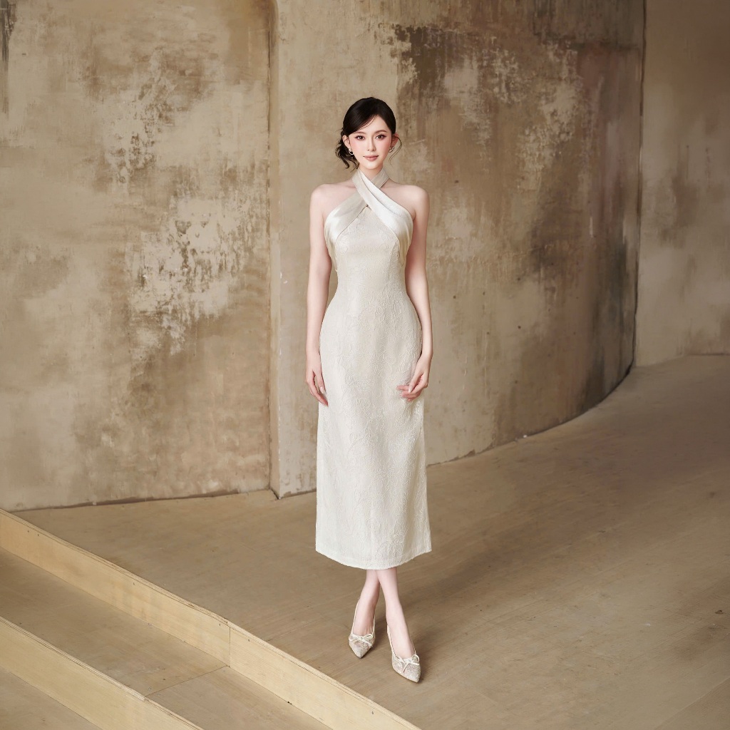 Ceelin Dress | Váy nữ Cup ngực ren vân hoa 3D midi , dáng dài thiết kế sang trọng cao cấp | H.I.U Fa