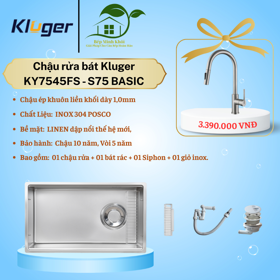 Chậu rửa bát Kluger KY7545FS - S75 BASIC, Chậu rửa bát 1 hố chống xước KT 75 x 45 cm