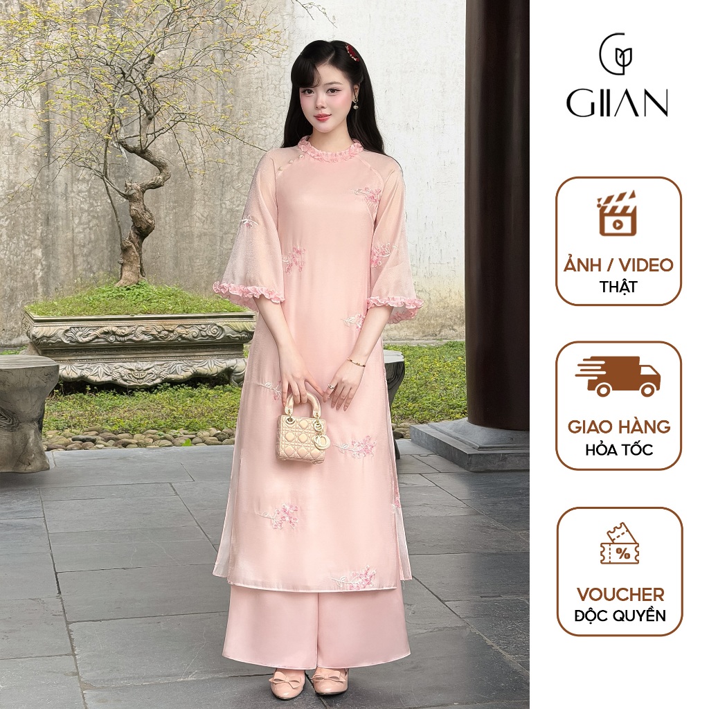 Áo dài tết cách tân hồng Giian dáng suông thiết kế 4 tà, cổ tròn thêu hoa cổ cách điệu, họa tiết hoa