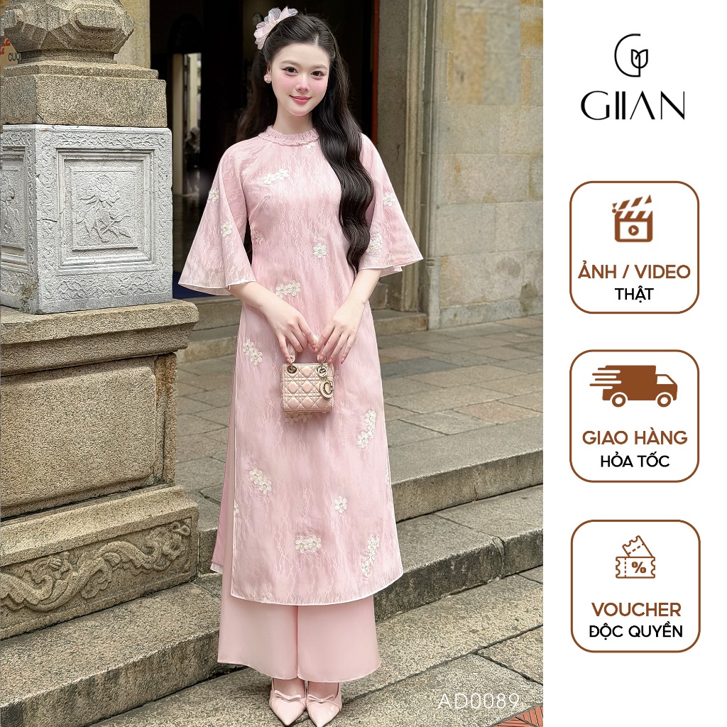 Áo dài cách tân nữ dáng suông Giian 4 tà thiết kế cổ nhún cách điệu, họa tiết hoa thêu nổi cao cấp A